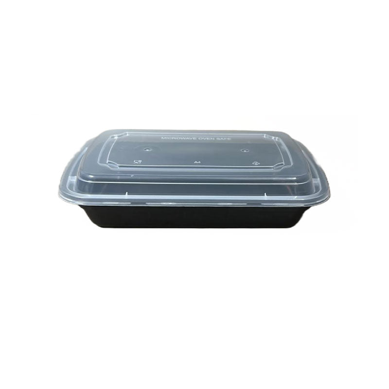 16 oz. Black 8" x 5 1/4" x 1 1/2" Rectangular Microwavable Heavy Weight Container with Lid 150/Case