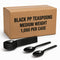 A brown cardboard box labeled 'BLACK PP TEASPOONS MEDIUM WEIGHT 1,000 PER CASE' with several black plastic teaspoons displayed in front on a white background.