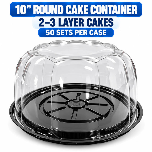 10" Black Round Cake Container with Clear Dome Lid – 2-3 Layer, 50/Case