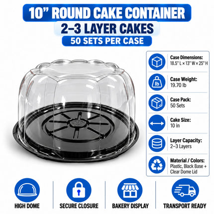 10" Black Round Cake Container with Clear Dome Lid – 2-3 Layer, 50/Case