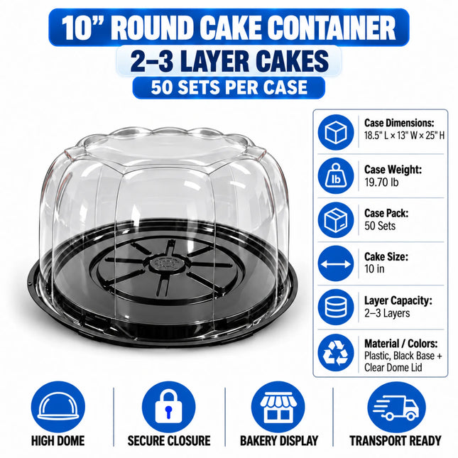 10" Black Round Cake Container with Clear Dome Lid – 2-3 Layer, 50/Case