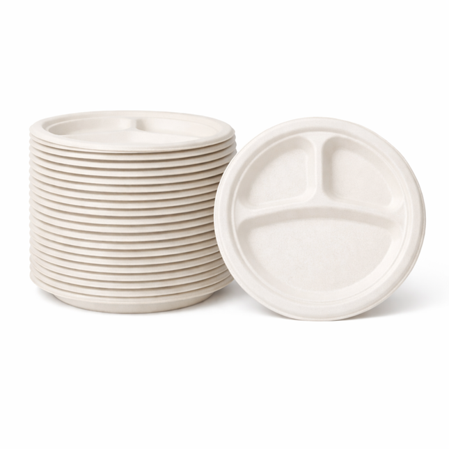 Compostable Bagasse Plate 10" - 3 Compartment 500/Case