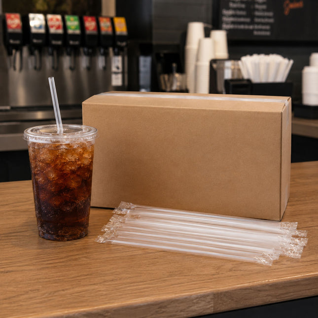 A clear plastic straw set displayed on a wooden counter next to a cardboard box and a iced cola cup with a clear straw, with beverage dispensers blurred in the background.