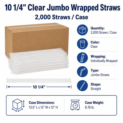 10 1/4" Clear Jumbo Wrapped Straws - 2,000/Case
