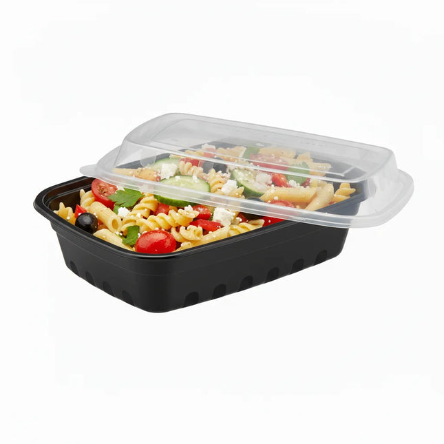 12 oz Black PP Rectangular Food Container with Clear Lid - angled view with lid