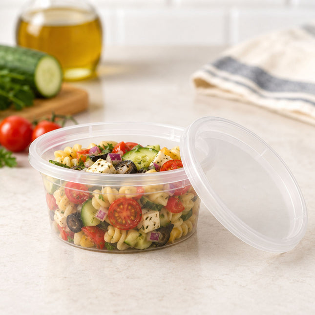 A clear plastic round container filled with a colorful pasta salad, shown with its lid leaning against it on a light countertop. A cucumber, tomatoes, olive oil bottle, and striped cloth are blurred in the background.