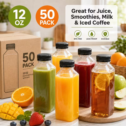 12 oz Clear PET Juice Bottle with Lid - 50/Case