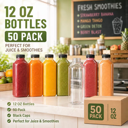 12 oz Clear PET Juice Bottle with Lid - 50/Case