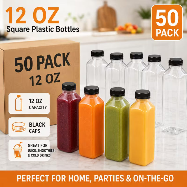 12 oz Clear PET Juice Bottle with Lid - 50/Case