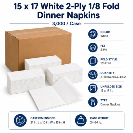 White 2-ply dinner napkins shown with stacks of folded napkins, an unfolded napkin, a brown cardboard box, and text listing product details such as size, quantity, fold style, and dimensions on a white background.