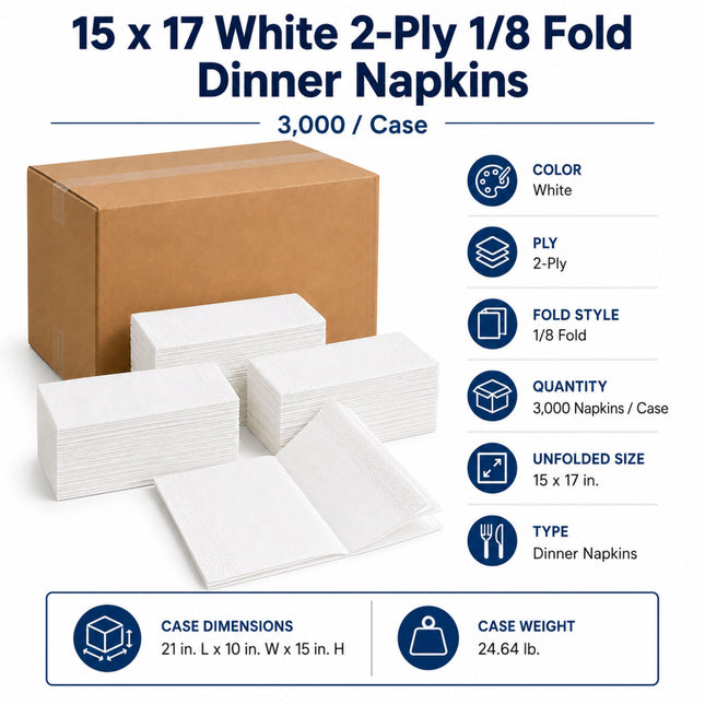 White 2-ply dinner napkins shown with stacks of folded napkins, an unfolded napkin, a brown cardboard box, and text listing product details such as size, quantity, fold style, and dimensions on a white background.