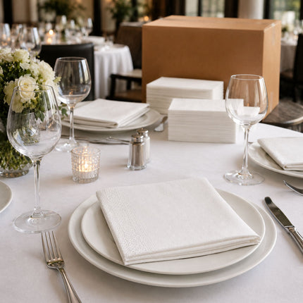 A styled event table setting with white plates, folded white napkins, clear wine glasses, silverware, a small candle, and a large brown cardboard box in the background on a restaurant table.