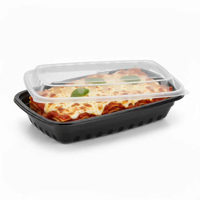 16 oz Black PP Rectangular Food Container with Clear Lid - angled view with lid
