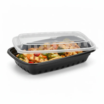 16 oz Black PP Rectangular Food Container with Clear Lid - stacked view