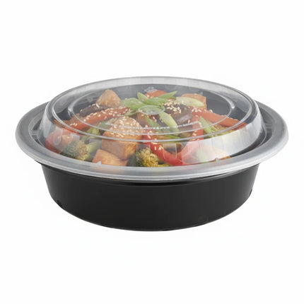 16 oz Black PP Round Food Container with Clear Lid - stacked view