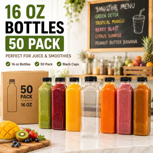 16 oz Clear PET Juice Bottle with Lid - 50/Case
