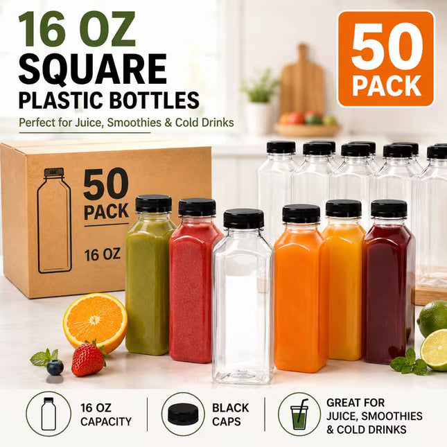 16 oz Clear PET Juice Bottle with Lid - 50/Case