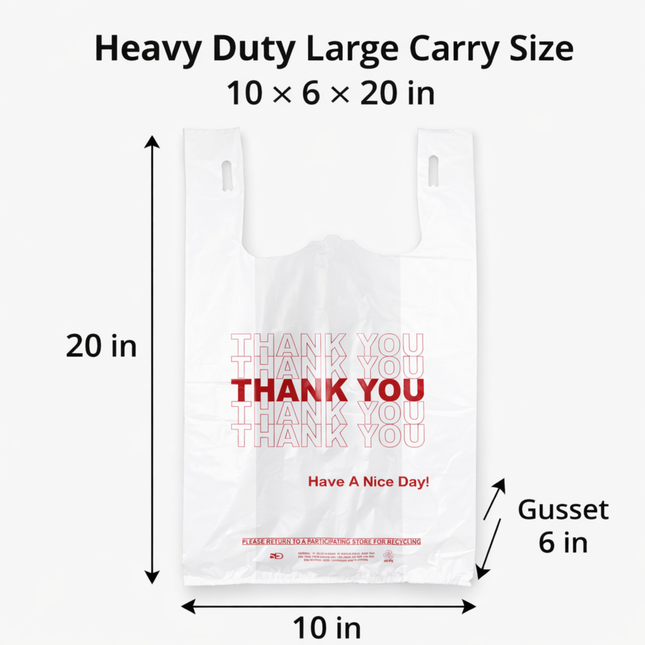 1/6 White "Thank You" Heavy Duty Plastic T-Shirt Bags - 10" x 6" x 20" 22 Mic - 500/Case