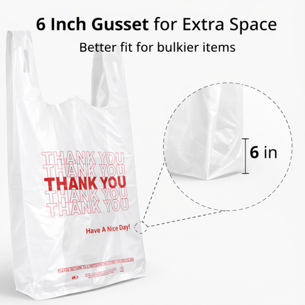 1/6 White "Thank You" Heavy Duty Plastic T-Shirt Bags - 10" x 6" x 20" 22 Mic - 500/Case