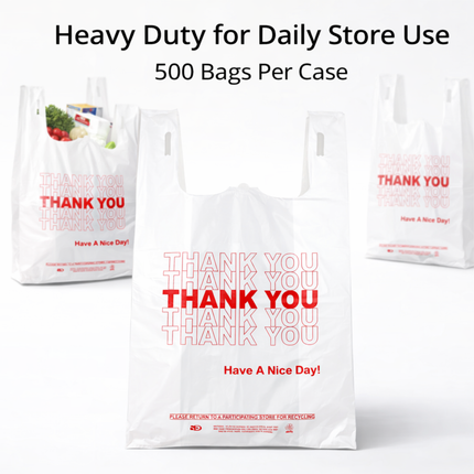 1/6 White "Thank You" Heavy Duty Plastic T-Shirt Bags - 10" x 6" x 20" 22 Mic - 500/Case