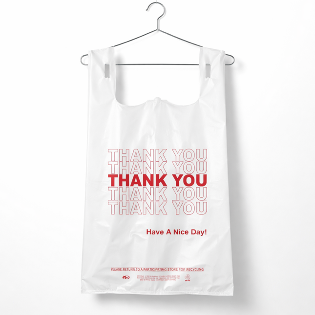 1/6 White "Thank You" Heavy Duty Plastic T-Shirt Bags - 10" x 6" x 20" 22 Mic - 500/Case