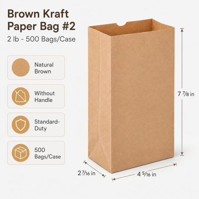 Brown Kraft Paper Bag #2 2 lb 500 Bags/Case dimensions and size details