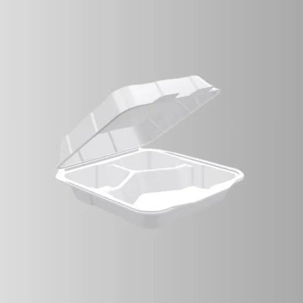 Foam Pak 2230 White Foam Hinged Lid Container 8 1/4" x 7 5/16" x 2 5/16" - 3 Compartment – 200/Case