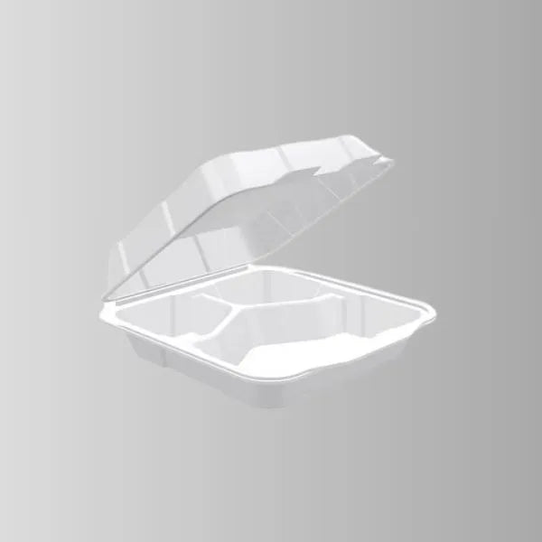 Foam Pak 2230 White Foam Hinged Lid Container 8 1/4" x 7 5/16" x 2 5/16" - 3 Compartment – 200/Case