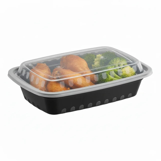 24 oz Black PP Rectangular Food Container with Clear Lid - angled view with lid