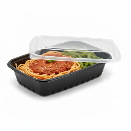 24 oz Black PP Rectangular Food Container with Clear Lid - stacked view