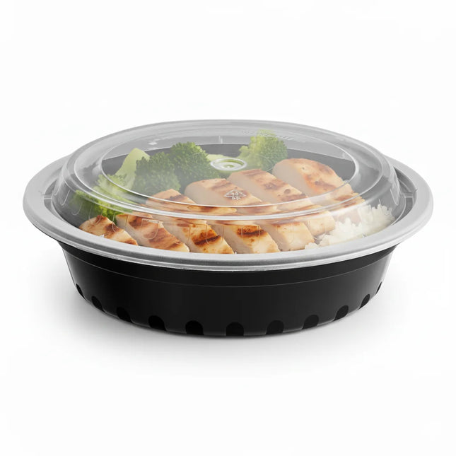 24 oz Black PP Round Food Container with Clear Lid - angled view with lid