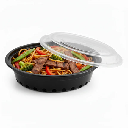 24 oz Black PP Round Food Container with Clear Lid - stacked view