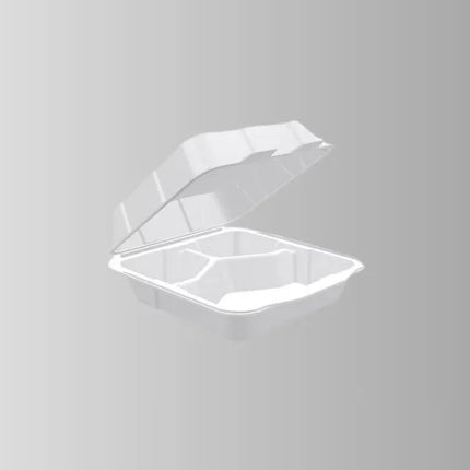 Foam Pak FP2430 White Foam Hinged Lid Container 8 3/8" x 7 7/8" x 2 7/8" - 3 Compartment – 200/Case