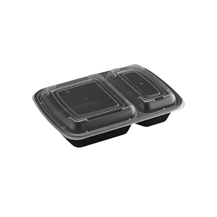 30 Oz Black Rectangular Microwavable Container with Clear Lid - 2 Compartment - 150/Case
