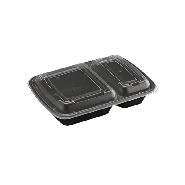 30 Oz Black Rectangular Microwavable Container with Clear Lid - 2 Compartment - 150/Case