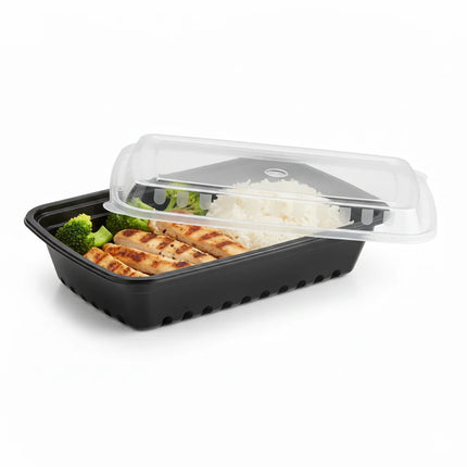 28 oz Black PP Rectangular Food Container with Clear Lid - stacked view