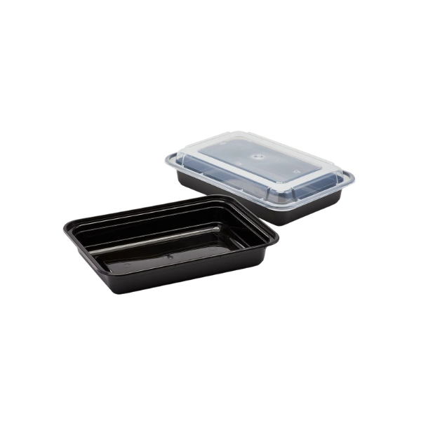28 oz. Black Rectangular Microwavable Container with Clear Lid - 150/Case