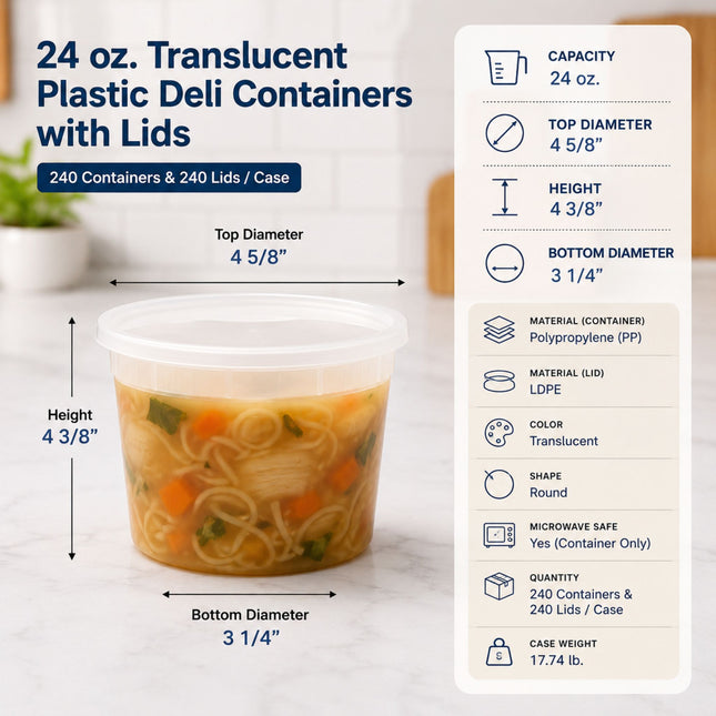 24 oz. Heavy-Duty Microwavable Translucent Plastic Deli Soup Containers with Lids - 240/Case