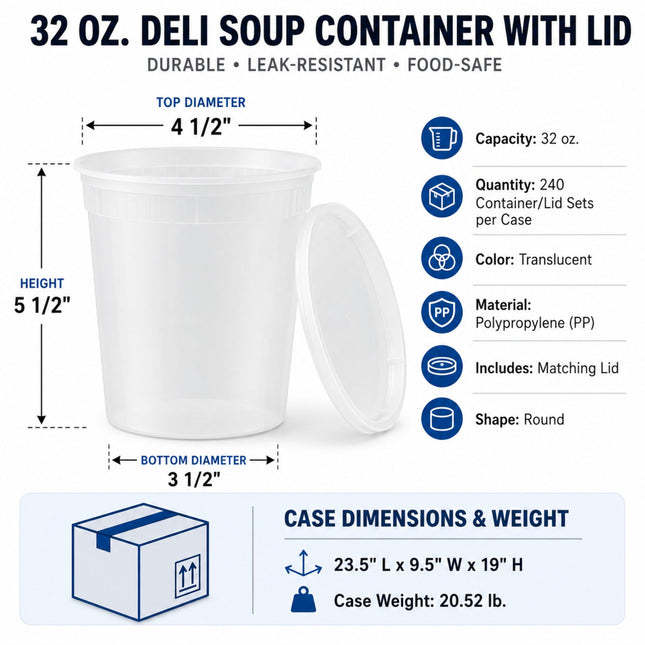 A white translucent 32 oz. deli soup container with lid, shown with dimension labels for top diameter, height, and bottom diameter, plus feature icons and case dimensions on a white background.