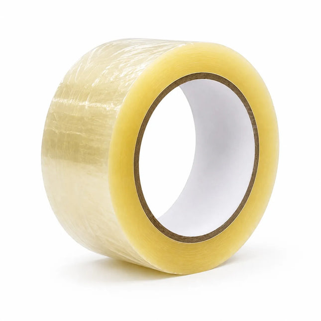 A roll of clear adhesive tape with a yellow-tinted edge, wound on a brown cardboard core and photographed on a white background.