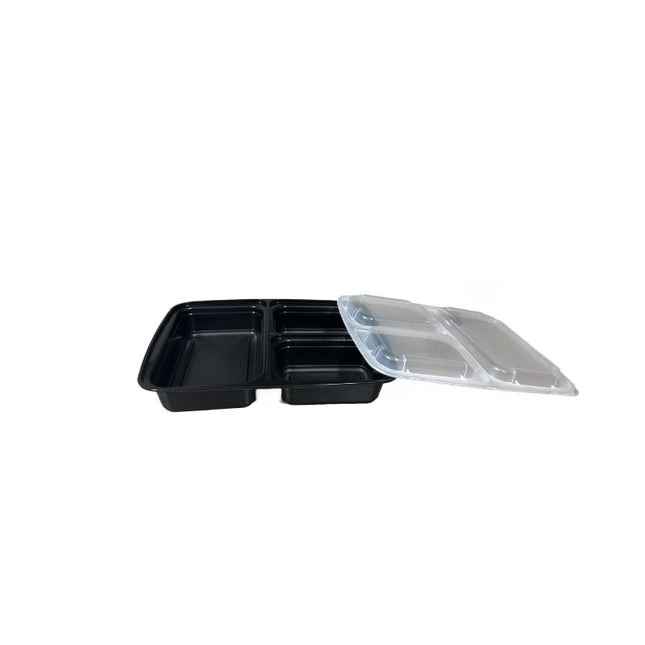 32 Oz Black Rectangular Microwavable Container with Clear Lid - 3 Compartment - 150/Case