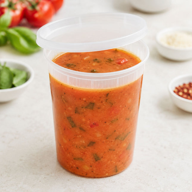 A clear plastic food storage container filled with tomato-based soup or sauce, shown on a light countertop with blurred ingredients like basil, tomatoes, and small bowls in the background.