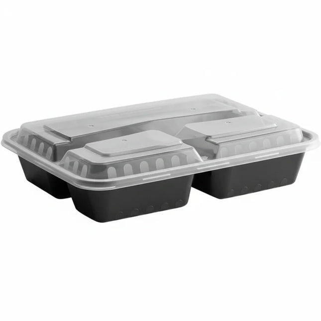 32 oz 3 com Black PP Rectangular 3-Compartment Food Container with Clear Lid