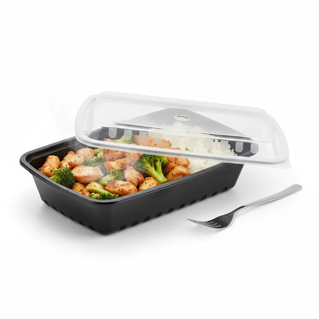 32 oz Black PP Rectangular Food Container with Clear Lid - angled view with lid