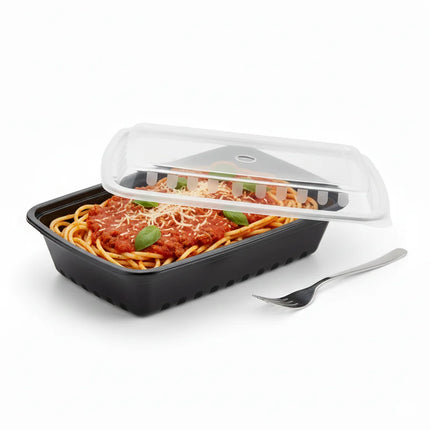 32 oz Black PP Rectangular Food Container with Clear Lid - stacked view