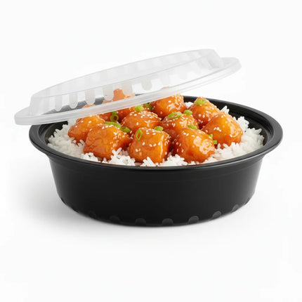 32 oz Black PP Round Food Container with Clear Lid - stacked view