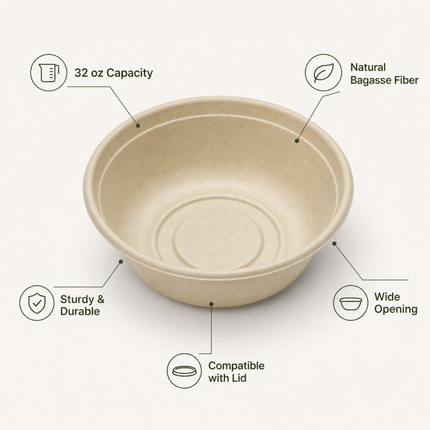 Rise Up 32 oz Natural Bagasse Bowl - 500/Case