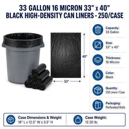 Black high-density can liners for 33 gallon trash cans, shown with a gray can, several rolled liners, a close-up of the liner texture, and a feature list with dimensions and weight on a white background.