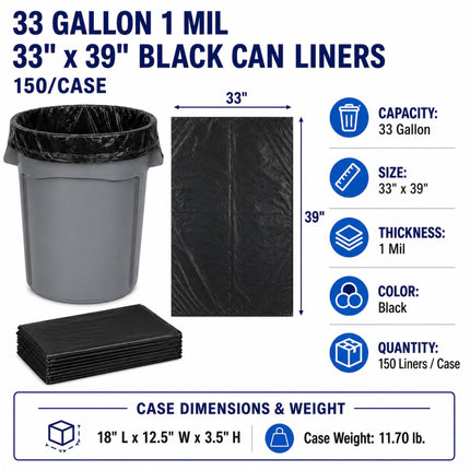 Black 33x39 inch can liners for 33 gallon trash cans, shown with a gray can liner in a gray can, a stack of black liners, and a feature list including capacity, size, thickness, color, and quantity.