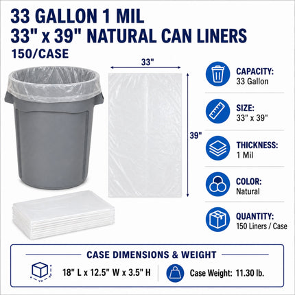 33 Gallon 1 Mil 33" x 39" Natural Can Liners - 150/Case - with dimension